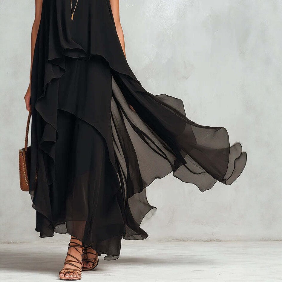 Chic Flowy Black Sleeveless Asymmetrical Chiffon Long Dress eprolo