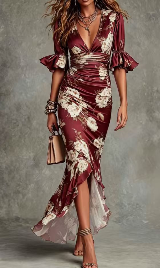 Elegant Long Dress with V-Neck, Fitted Silhouette, Floral Print and Ruffle Hem eprolo