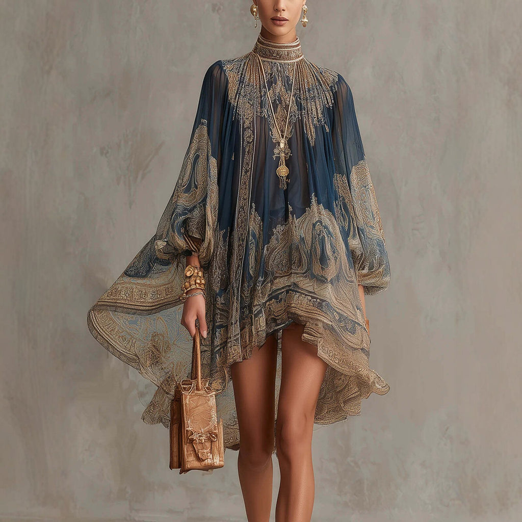 Printed Long Sleeve High Neck Loose Dress eprolo