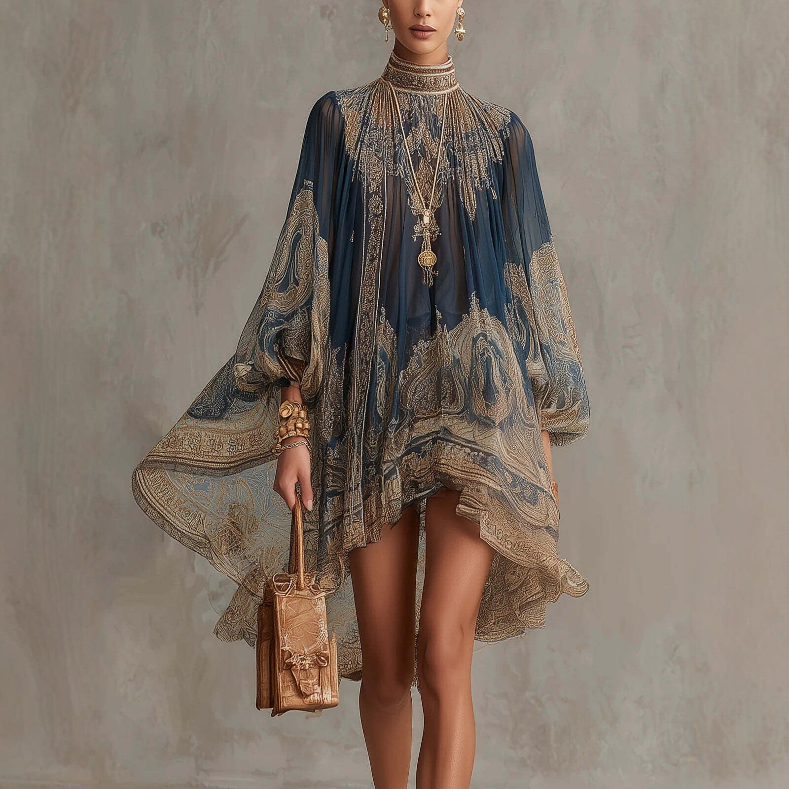 Printed Long Sleeve High Neck Loose Dress eprolo