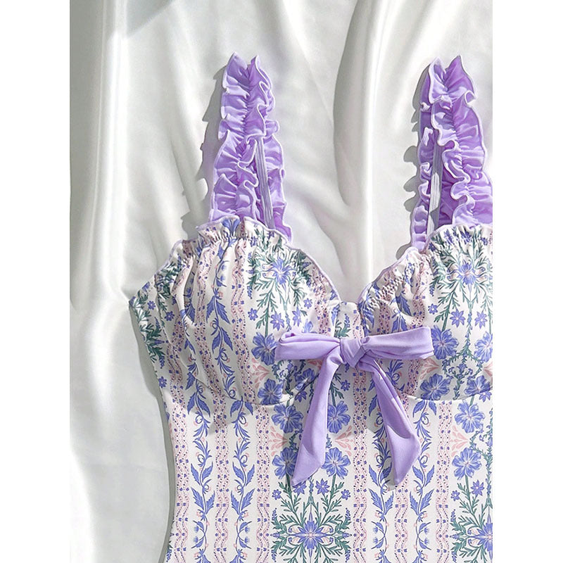 Floral Print Ruffled One-Piece Swimsuit with Tie-Back