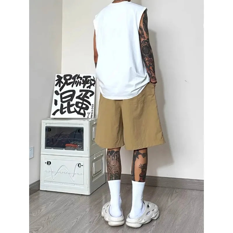 Men Patch Pocket Sleeveless Tank Top Loose Ice Silk Shorts Set Trendy Casual Summer Two Piece Outfit Rumanglobalcraft