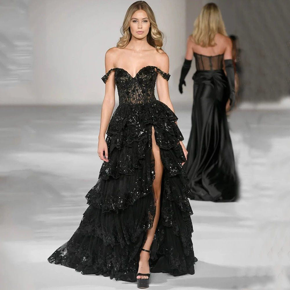 Off-Shoulder Evening Dress with Slimming Fit