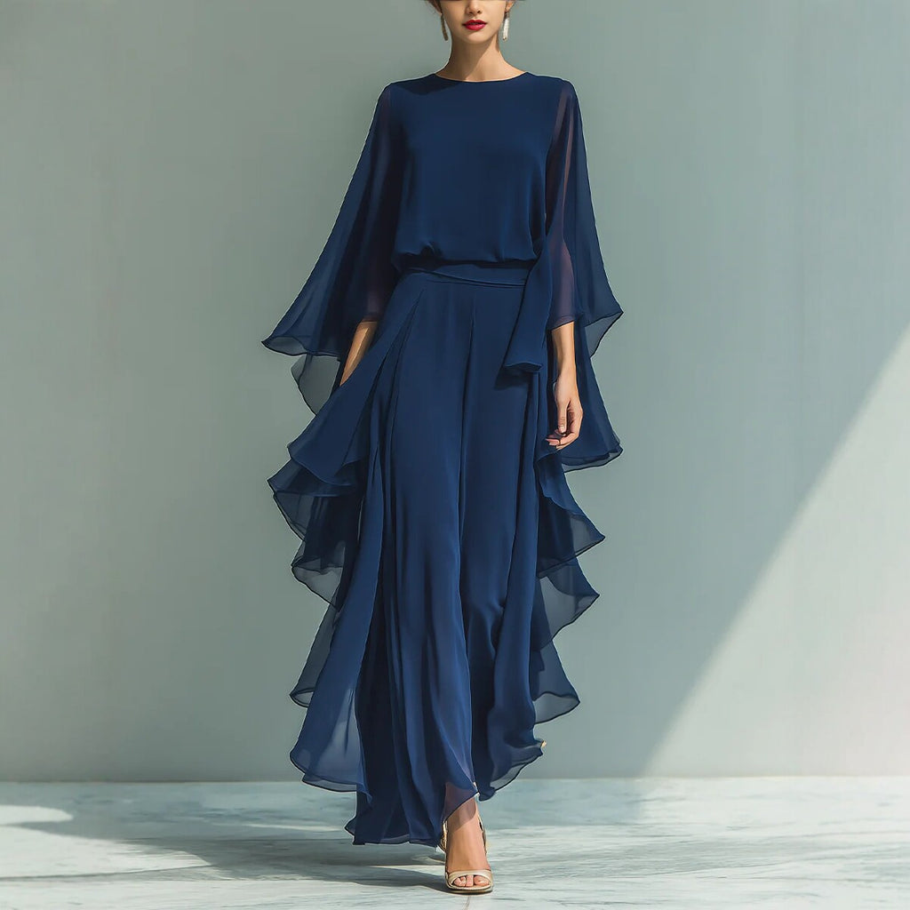 Deep Blue Ruffle Wide-Leg Pants Set for Women, Fashion Elegant Two-Piece Long Sleeve Casual Pants eprolo