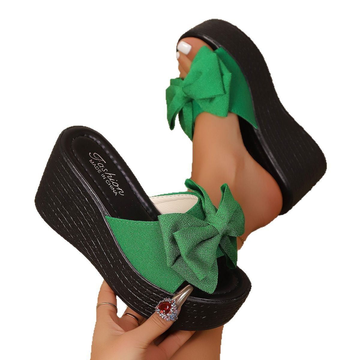 Womens Bow Detail Fish Mouth Wedge Sandals