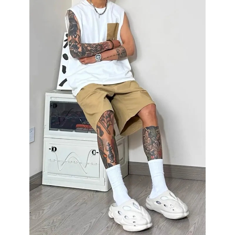 Men Patch Pocket Sleeveless Tank Top Loose Ice Silk Shorts Set Trendy Casual Summer Two Piece Outfit Rumanglobalcraft