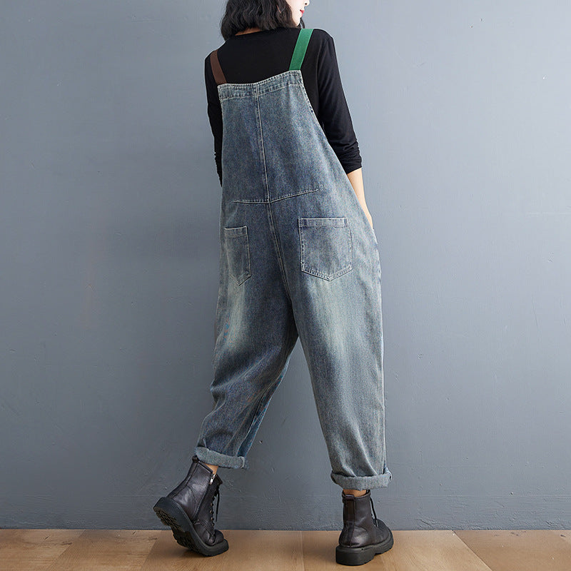 Fat Sister Clash-colored Shoulder Strap Jeans Overalls