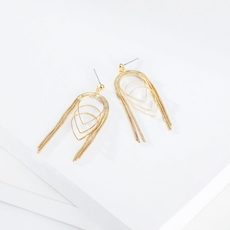 Copper-plated Real Gold Thin Chain Geometric Multi-layer Drop-shaped Long Earrings