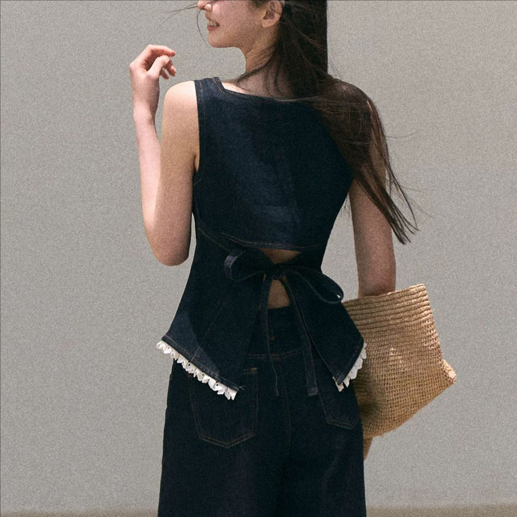 Bohemian Lace Denim Strap Wide-Leg Pants Set Sun-Kissed Look