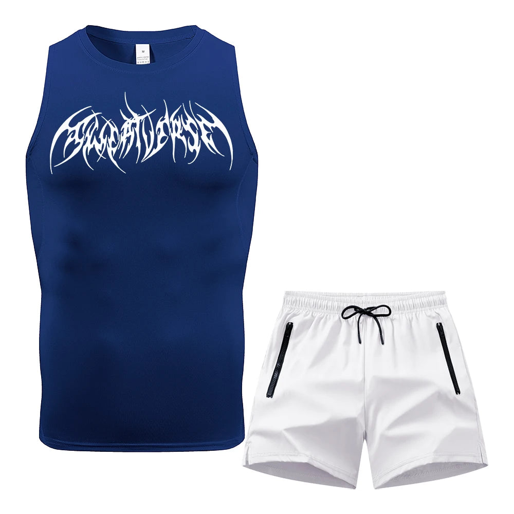 Men Compression Training Set Sleeveless Tank Top Wing Spiky Text Print Double Zipper Pocket Shorts Quick Dry Athletic Gym Suit Rumanglobalcraft