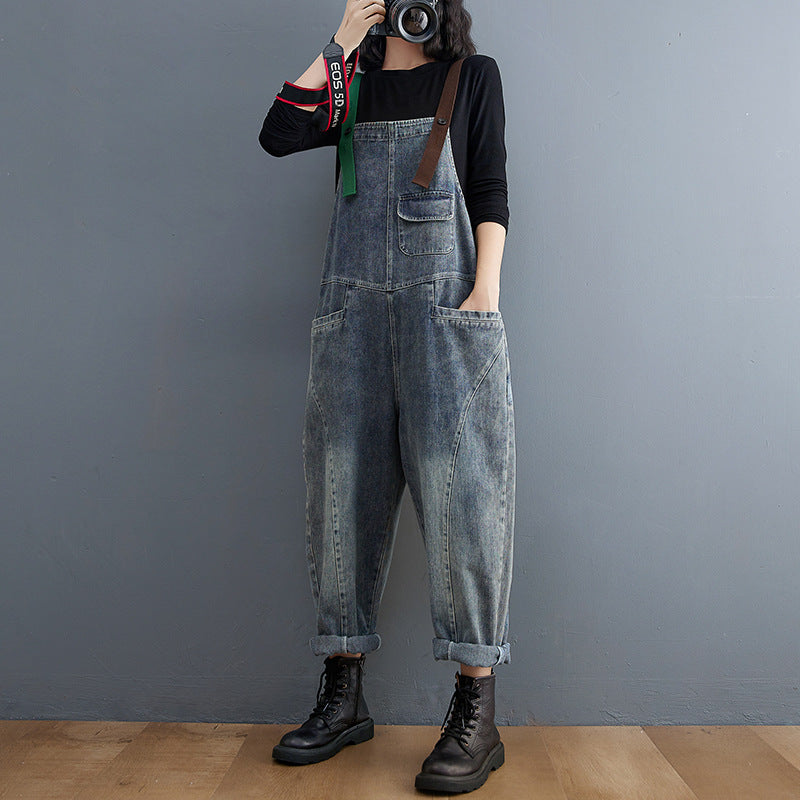 Fat Sister Clash-colored Shoulder Strap Jeans Overalls