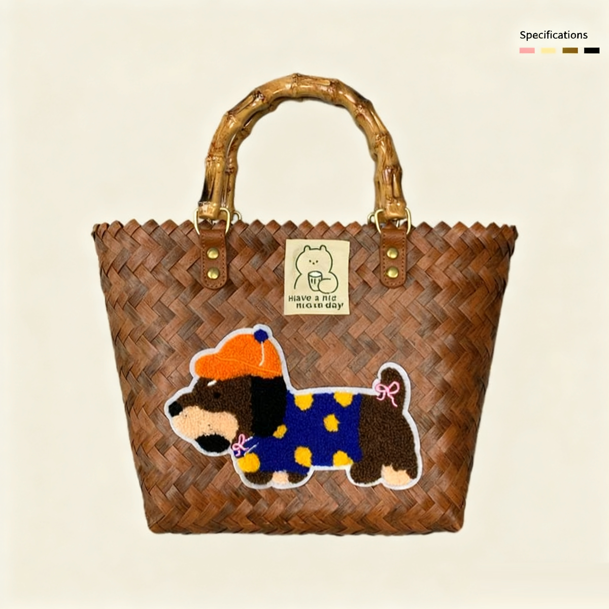 Large capacity sausage dog hand woven cabbage basket rattan woven handbag office miscellaneous carry bag picnic women's bag