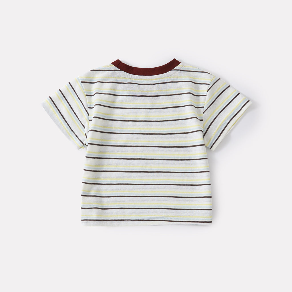 Color-Blocked Collar Striped Short Sleeve Top and Lightweight Simple Denim Shorts Two-Piece Set