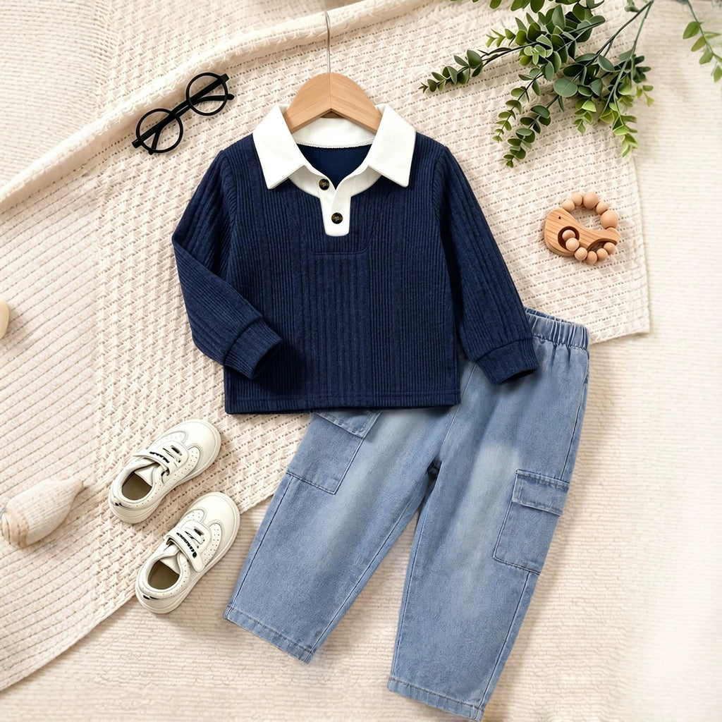 Boy's Set Polo Long Sleeve Denim Pants Two-Piece Set