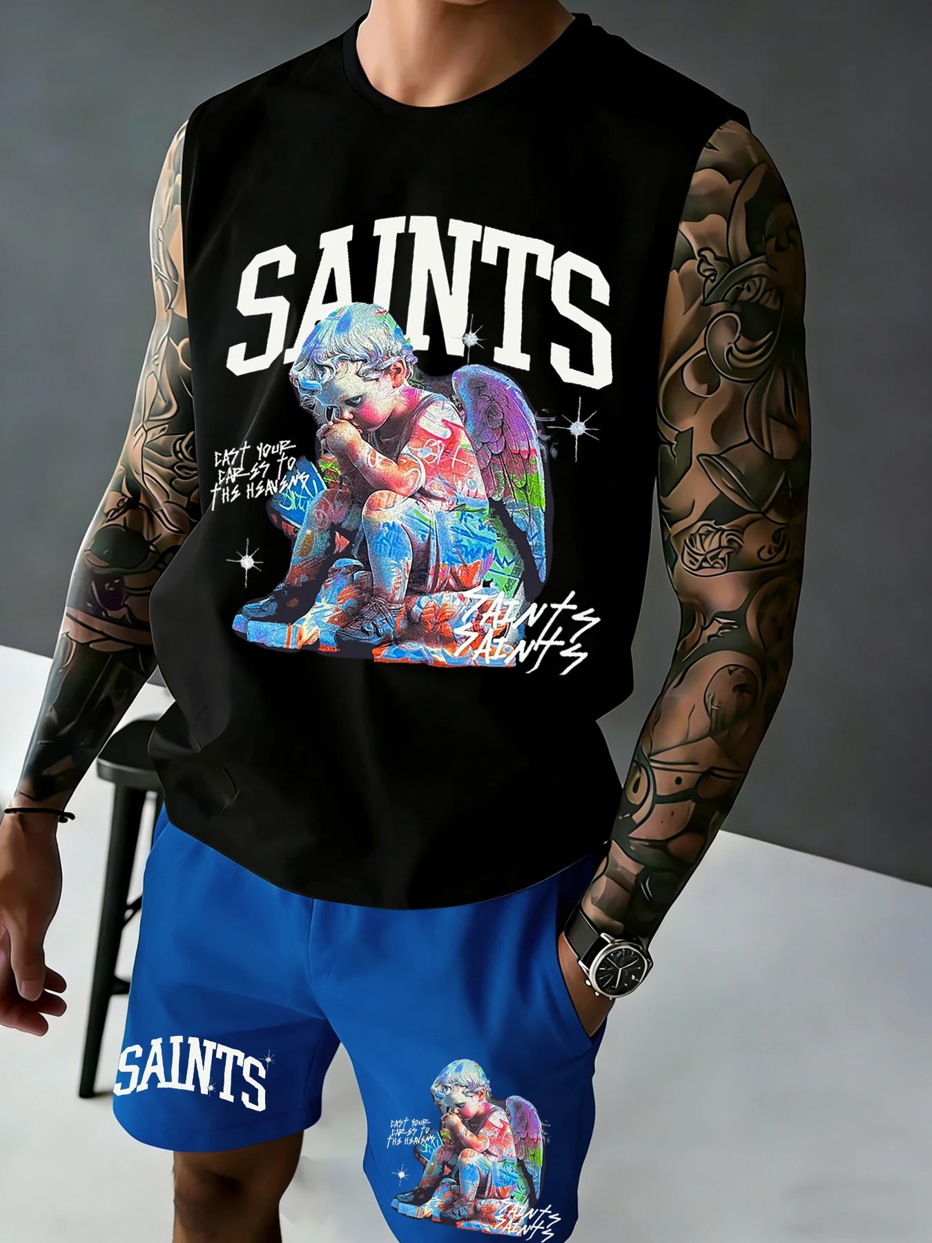 Men's Printed Sleeveless Tank Top and Shorts Set: Casual, Sports, and Leisure Summer Outfits Rumanglobalcraft