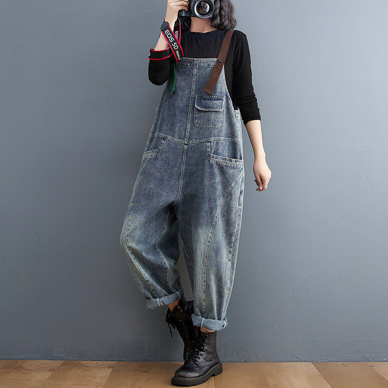 Fat Sister Clash-colored Shoulder Strap Jeans Overalls