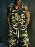 Men's Camouflage Sleeveless Hooded Tank & Shorts Set, Loose Comfort Casual Streetwear Rumanglobalcraft