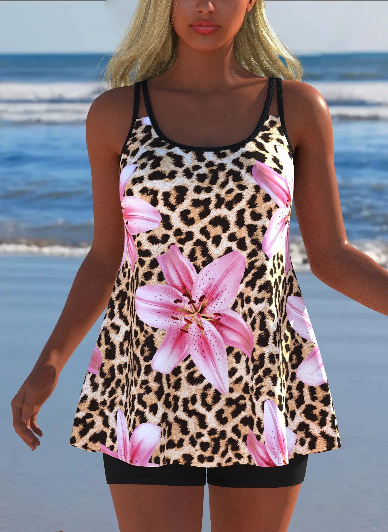 Black White Print Tankini Sleeveless Flared Hem Tankini Top High Stretch Swim Tank Gradient Adjustable Straps Two Piece Swim Top Rumanglobalcraft