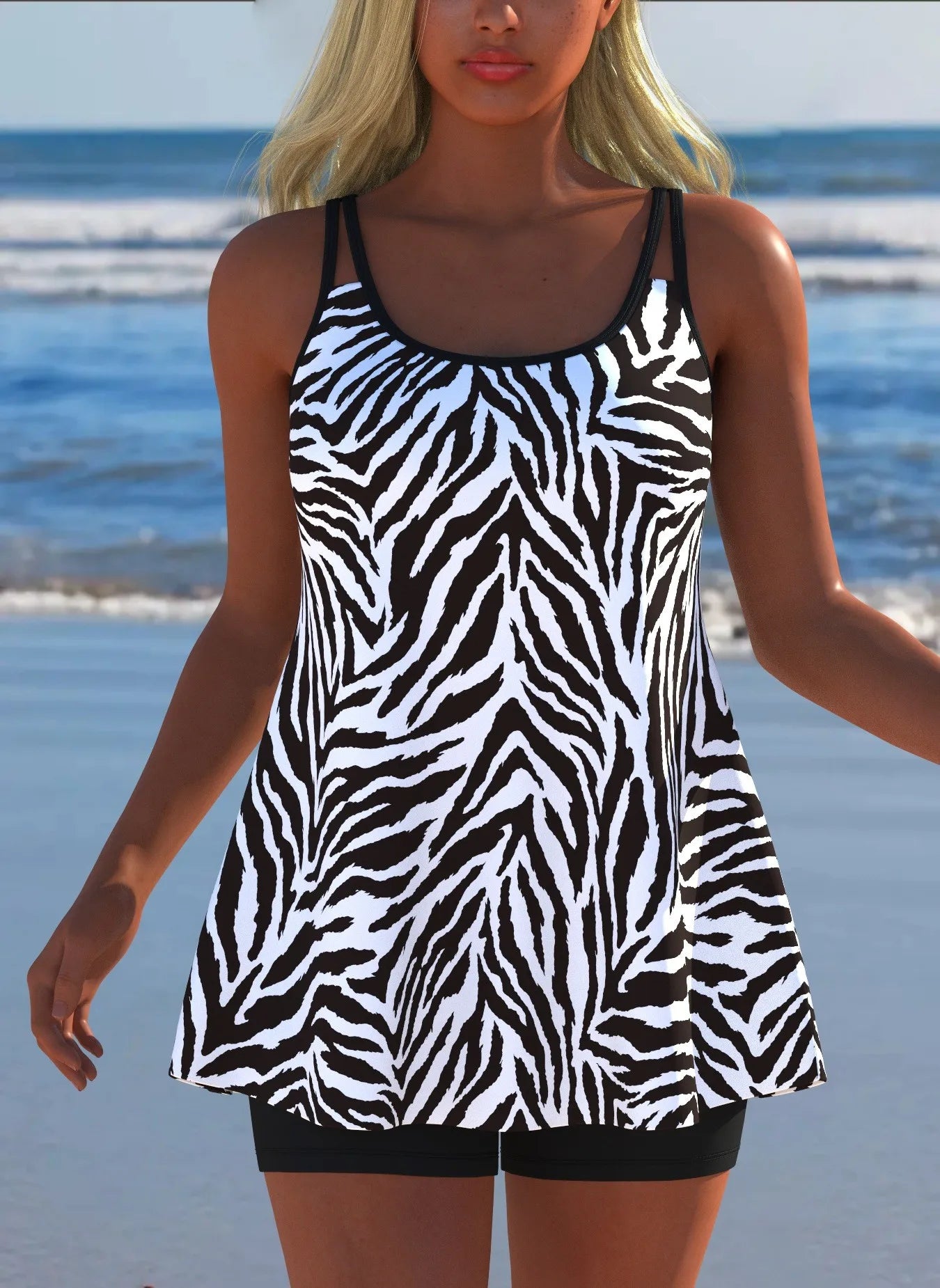 Black White Print Tankini Sleeveless Flared Hem Tankini Top High Stretch Swim Tank Gradient Adjustable Straps Two Piece Swim Top Rumanglobalcraft