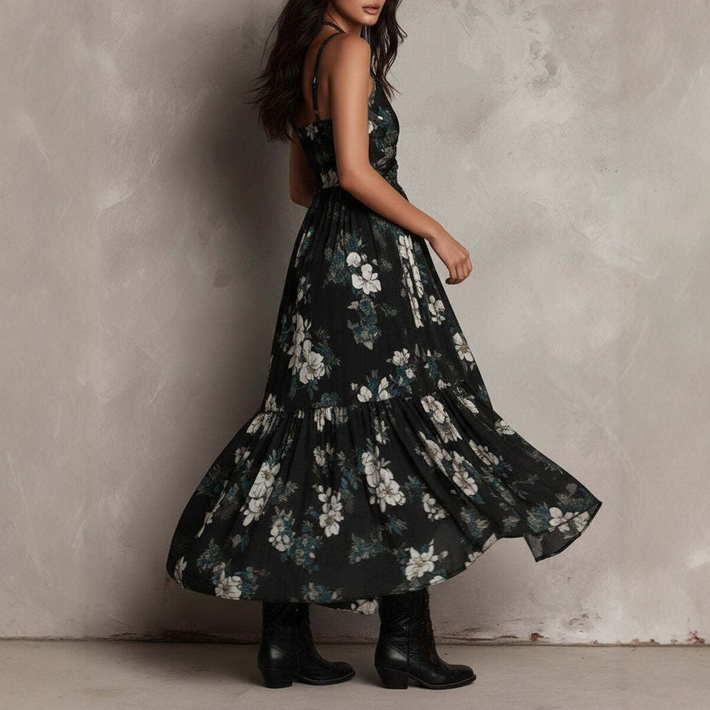 New style printed camisole dress for women, V-neck, waist cinched, high slit long skirt, fashionable vacation dress eprolo