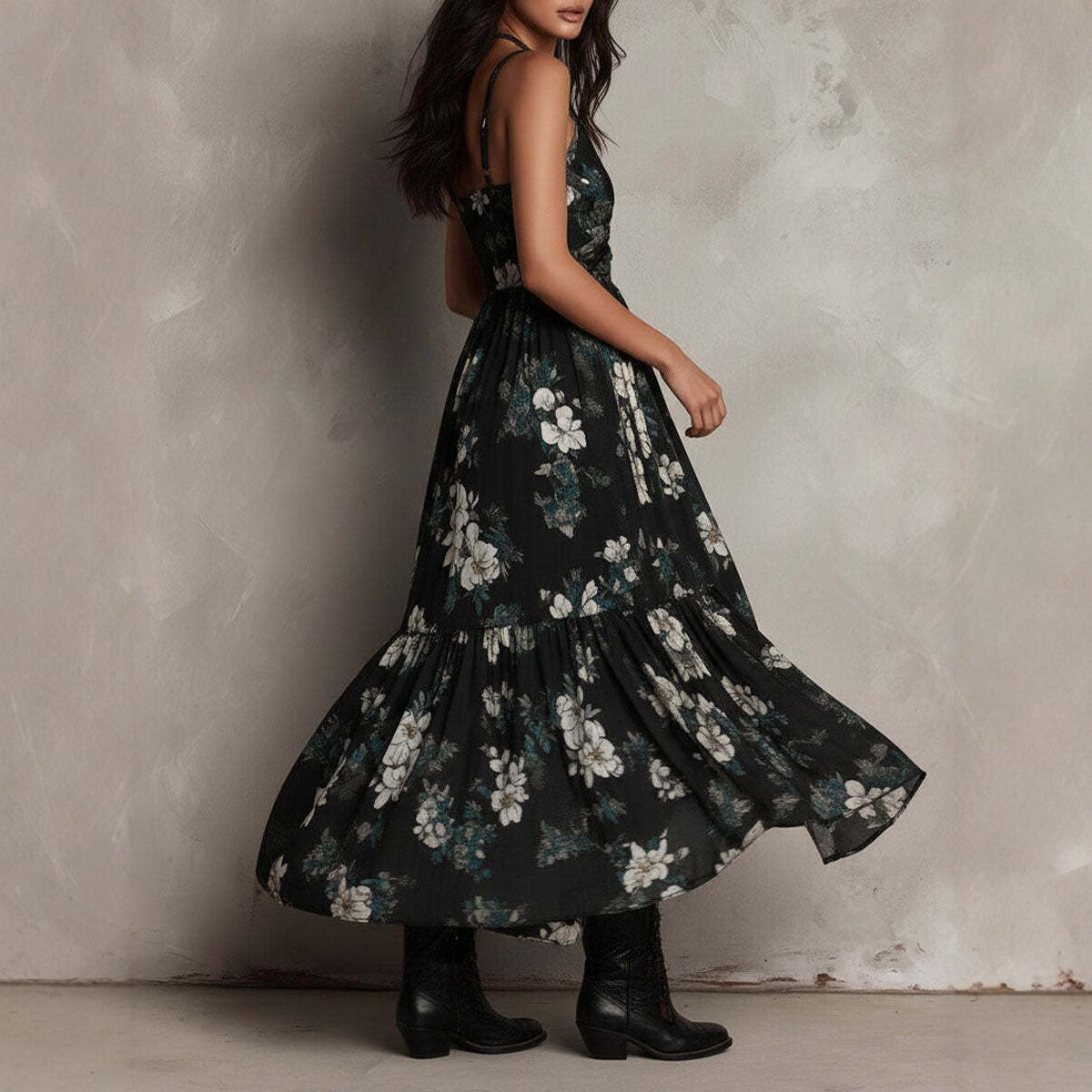 New style printed camisole dress for women, V-neck, waist cinched, high slit long skirt, fashionable vacation dress eprolo