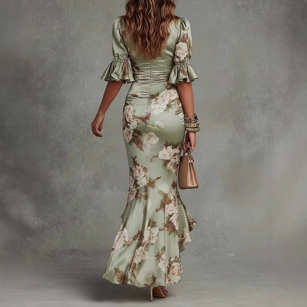 Elegant Long Dress with V-Neck, Fitted Silhouette, Floral Print and Ruffle Hem eprolo