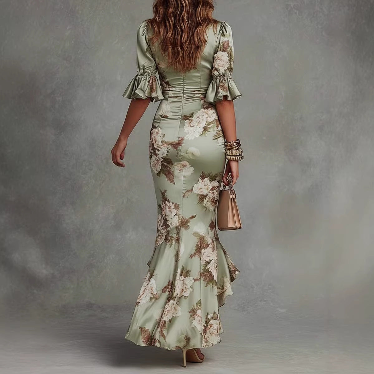 Elegant Long Dress with V-Neck, Fitted Silhouette, Floral Print and Ruffle Hem eprolo