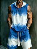 Men's Sleeveless Hooded Tank & Shorts Set, Loose Comfort Blue and White Tie-Dye Casual Streetwear Rumanglobalcraft