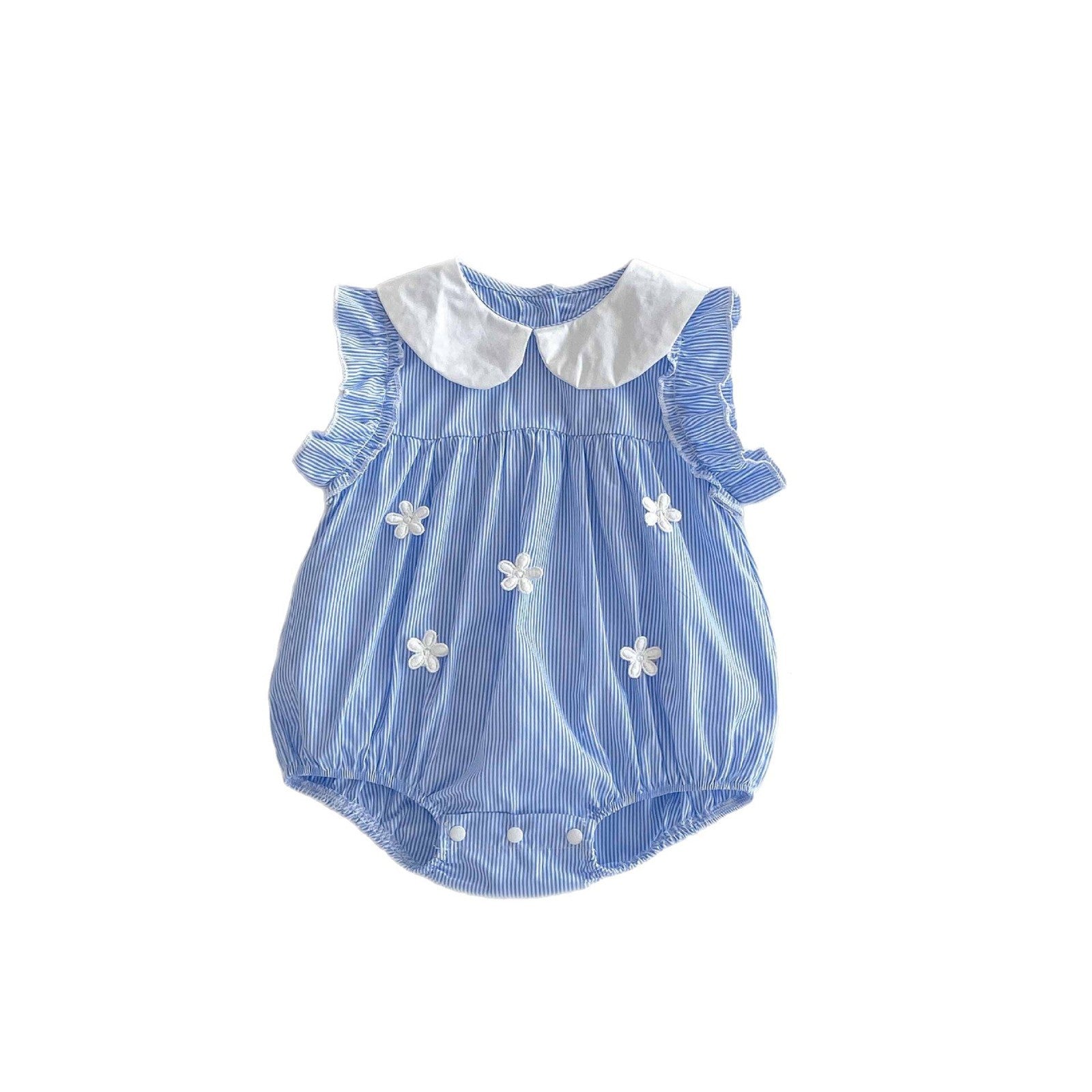 Cotton A-Class Sleeveless Blue and White Striped Fresh Baby Romper for Girls, Sweet Turn-Down Collar Bodysuit Summer Clothing eprolo