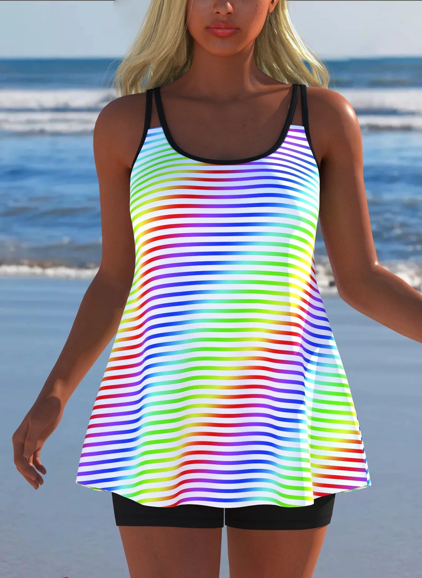 Black White Print Tankini Sleeveless Flared Hem Tankini Top High Stretch Swim Tank Gradient Adjustable Straps Two Piece Swim Top Rumanglobalcraft