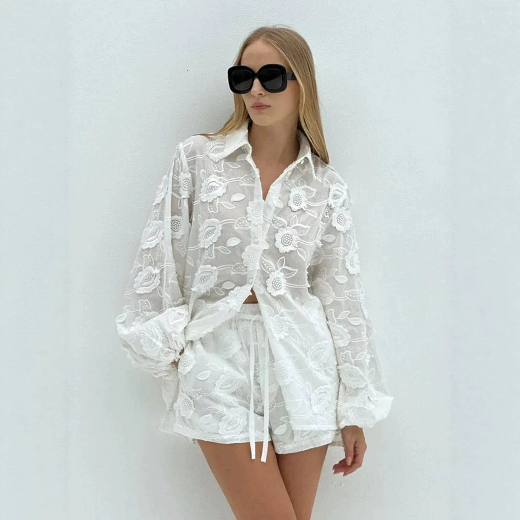 Embroidered shirt shorts set