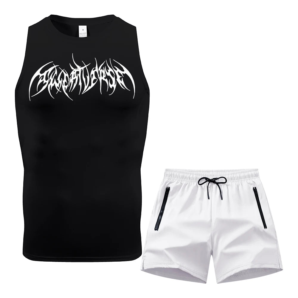 Men Compression Training Set Sleeveless Tank Top Wing Spiky Text Print Double Zipper Pocket Shorts Quick Dry Athletic Gym Suit Rumanglobalcraft