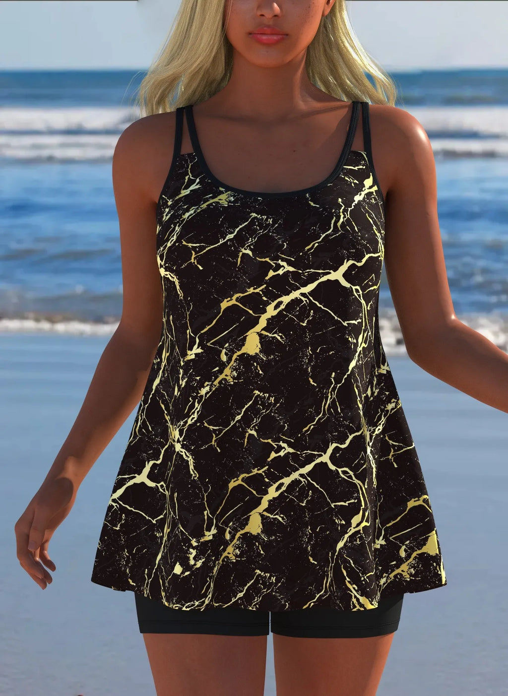 Black White Print Tankini Sleeveless Flared Hem Tankini Top High Stretch Swim Tank Gradient Adjustable Straps Two Piece Swim Top Rumanglobalcraft