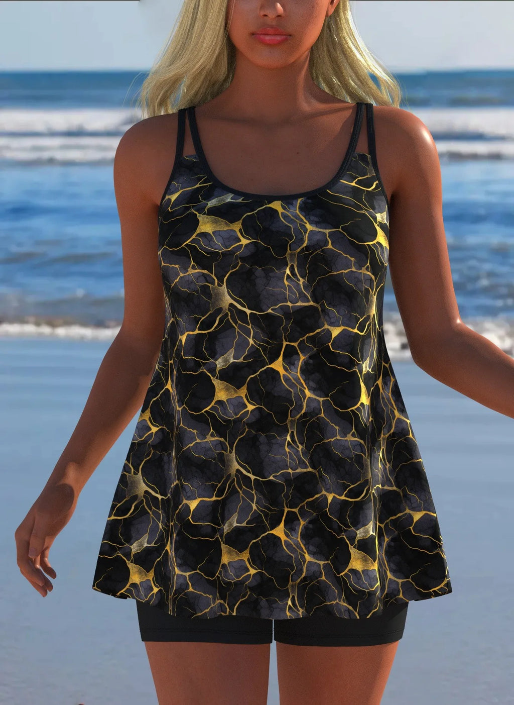 Black White Print Tankini Sleeveless Flared Hem Tankini Top High Stretch Swim Tank Gradient Adjustable Straps Two Piece Swim Top Rumanglobalcraft