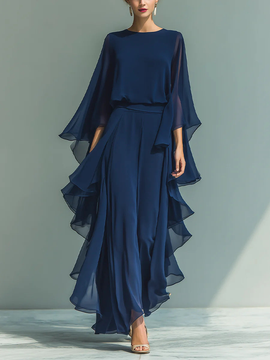 Deep Blue Ruffle Wide-Leg Pants Set for Women, Fashion Elegant Two-Piece Long Sleeve Casual Pants eprolo