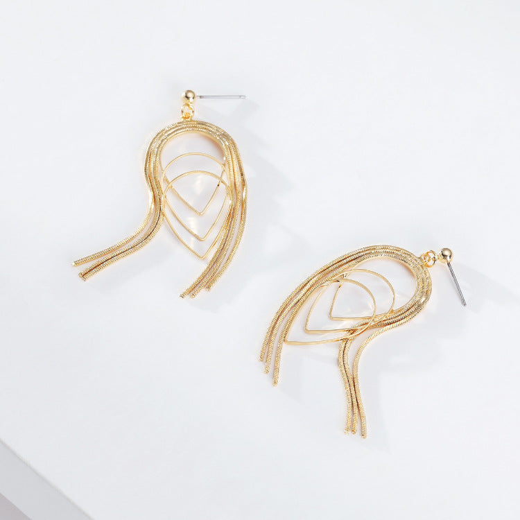 Copper-plated Real Gold Thin Chain Geometric Multi-layer Drop-shaped Long Earrings