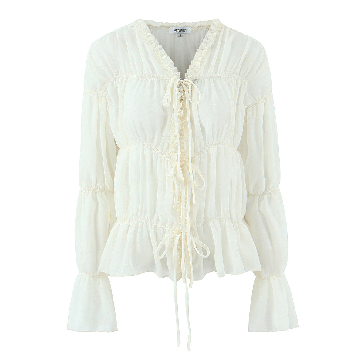 V-neck pleated strap long sleeved top