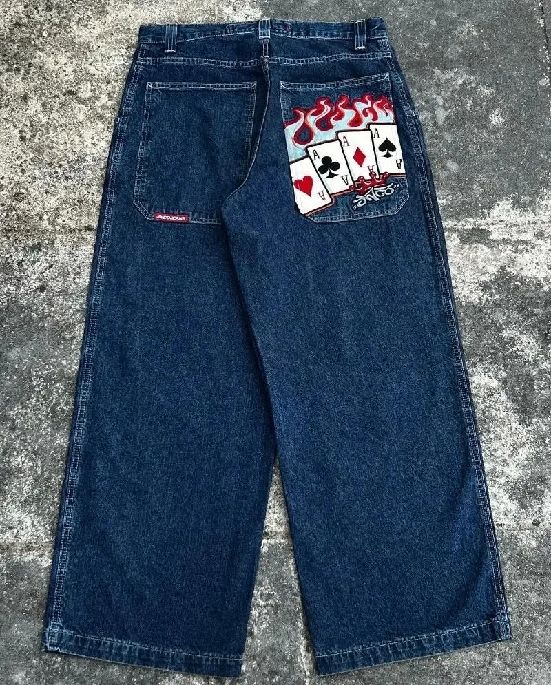 Loose Fit Retro Pattern Jeans Street Casual Wide Leg Pants