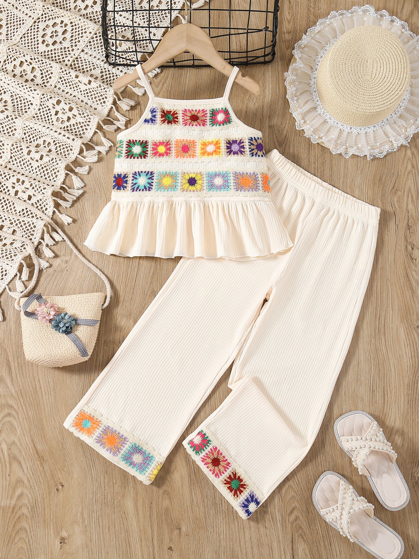 Crochet Strap Top and Wide Leg Pants Set for Girls