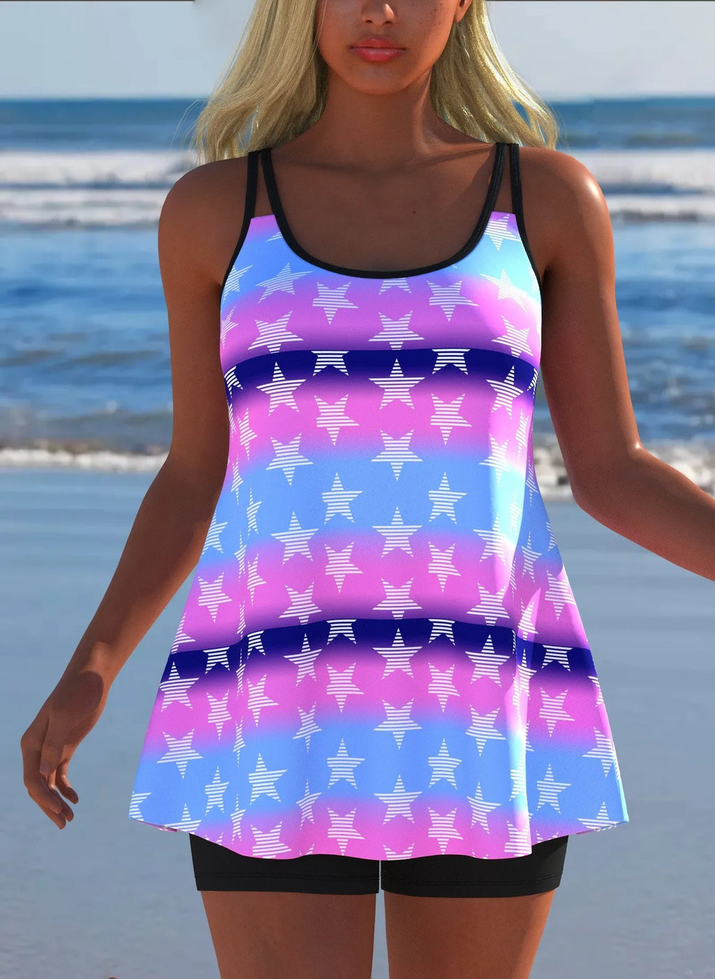 Black White Print Tankini Sleeveless Flared Hem Tankini Top High Stretch Swim Tank Gradient Adjustable Straps Two Piece Swim Top Rumanglobalcraft