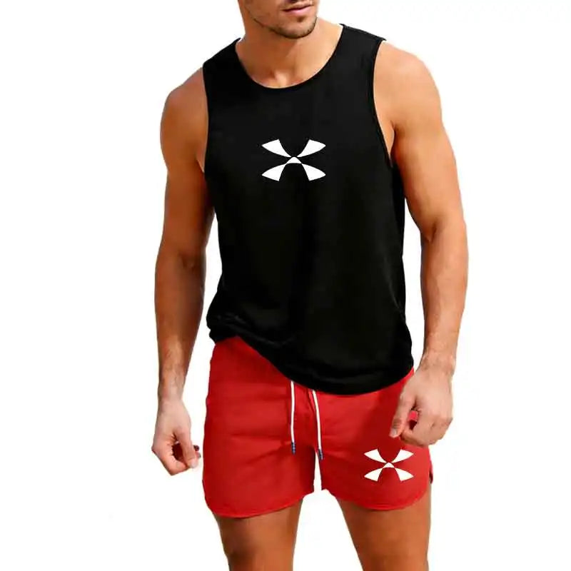 Outdoor Jogging Sportswear Men's Vest+Shorts 2-Piece Summer Casual Fashion Trend Set Beach Surfing Men's Suit European size Rumanglobalcraft