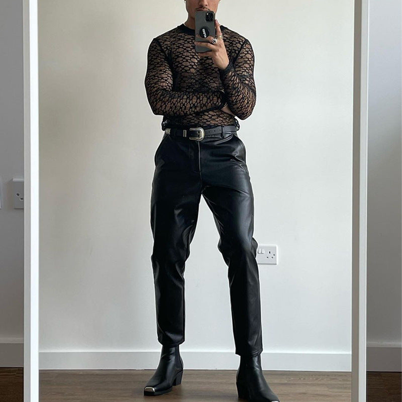Casual Long Sleeve T-Shirt Men's Fashion Lace Hollow Out Slim Fit Semi-Transparent Black Top