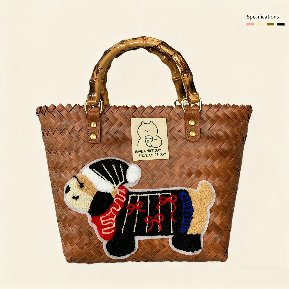 Large capacity sausage dog hand woven cabbage basket rattan woven handbag office miscellaneous carry bag picnic women's bag