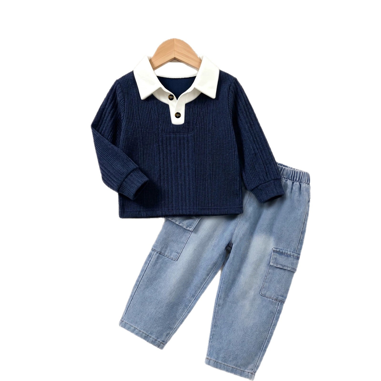 Boy's Set Polo Long Sleeve Denim Pants Two-Piece Set