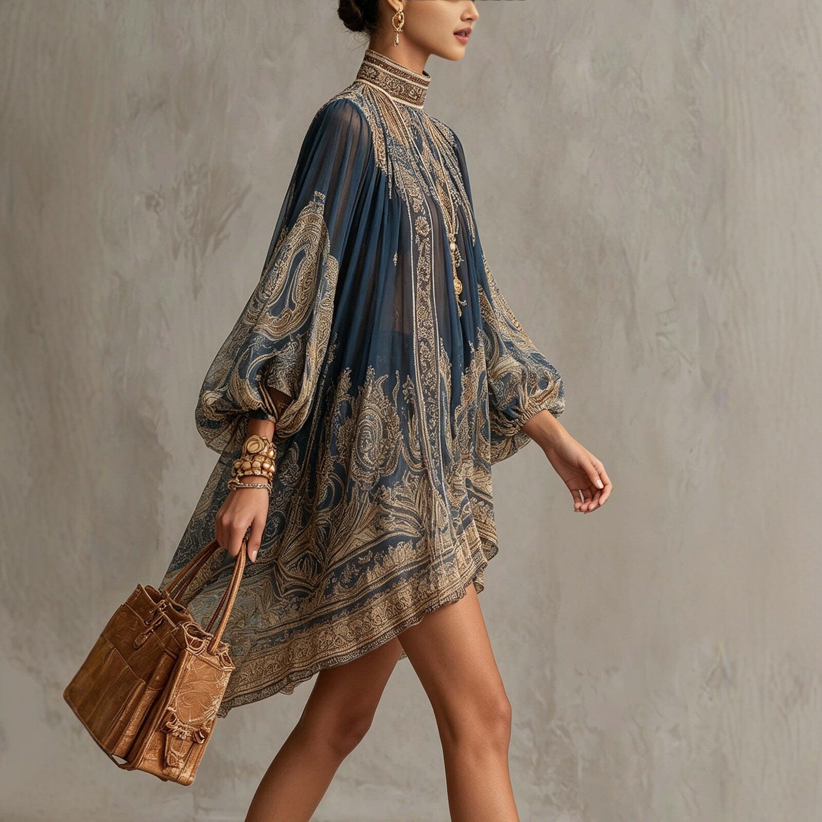 Printed Long Sleeve High Neck Loose Dress eprolo