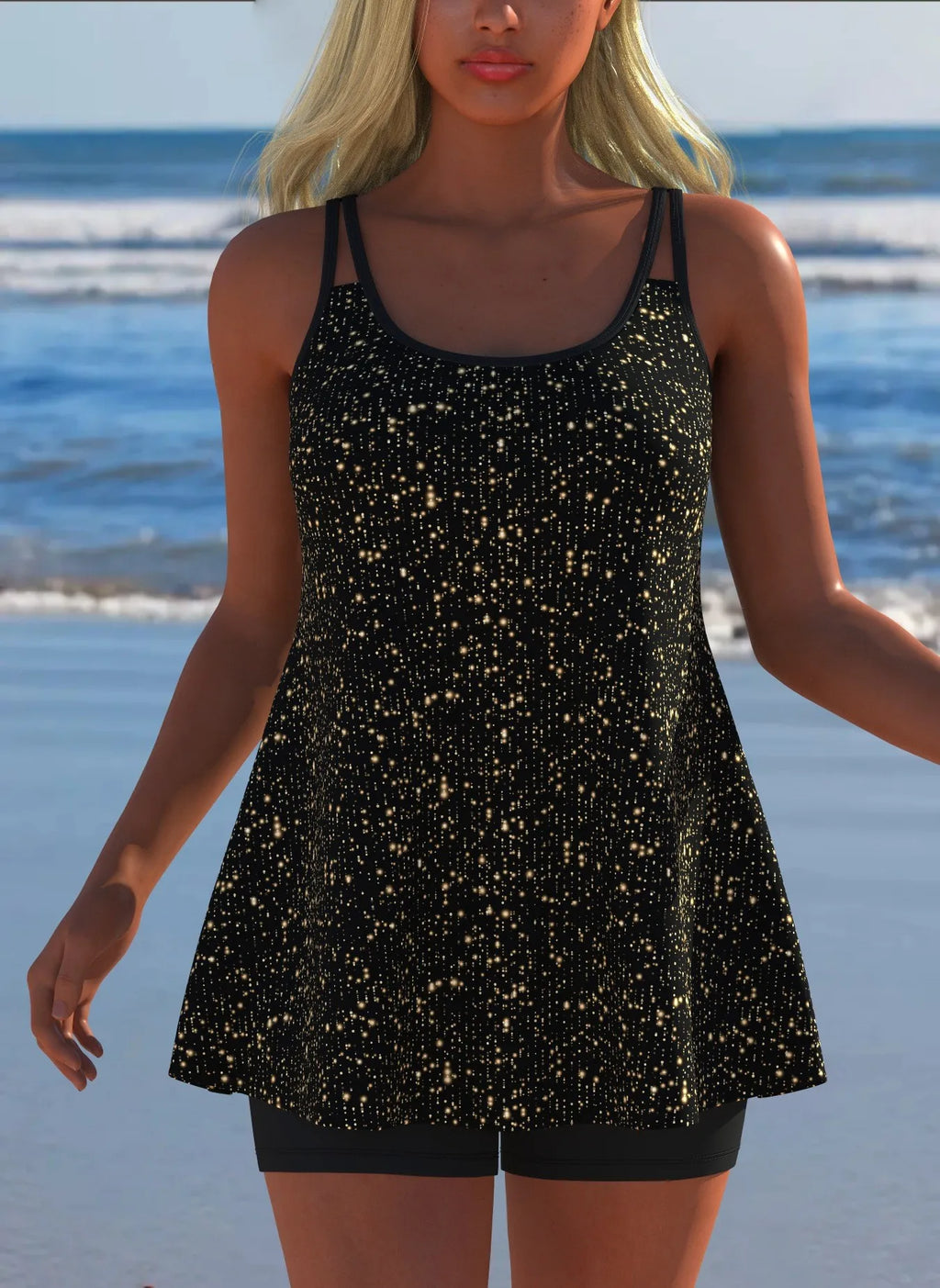 Black White Print Tankini Sleeveless Flared Hem Tankini Top High Stretch Swim Tank Gradient Adjustable Straps Two Piece Swim Top Rumanglobalcraft
