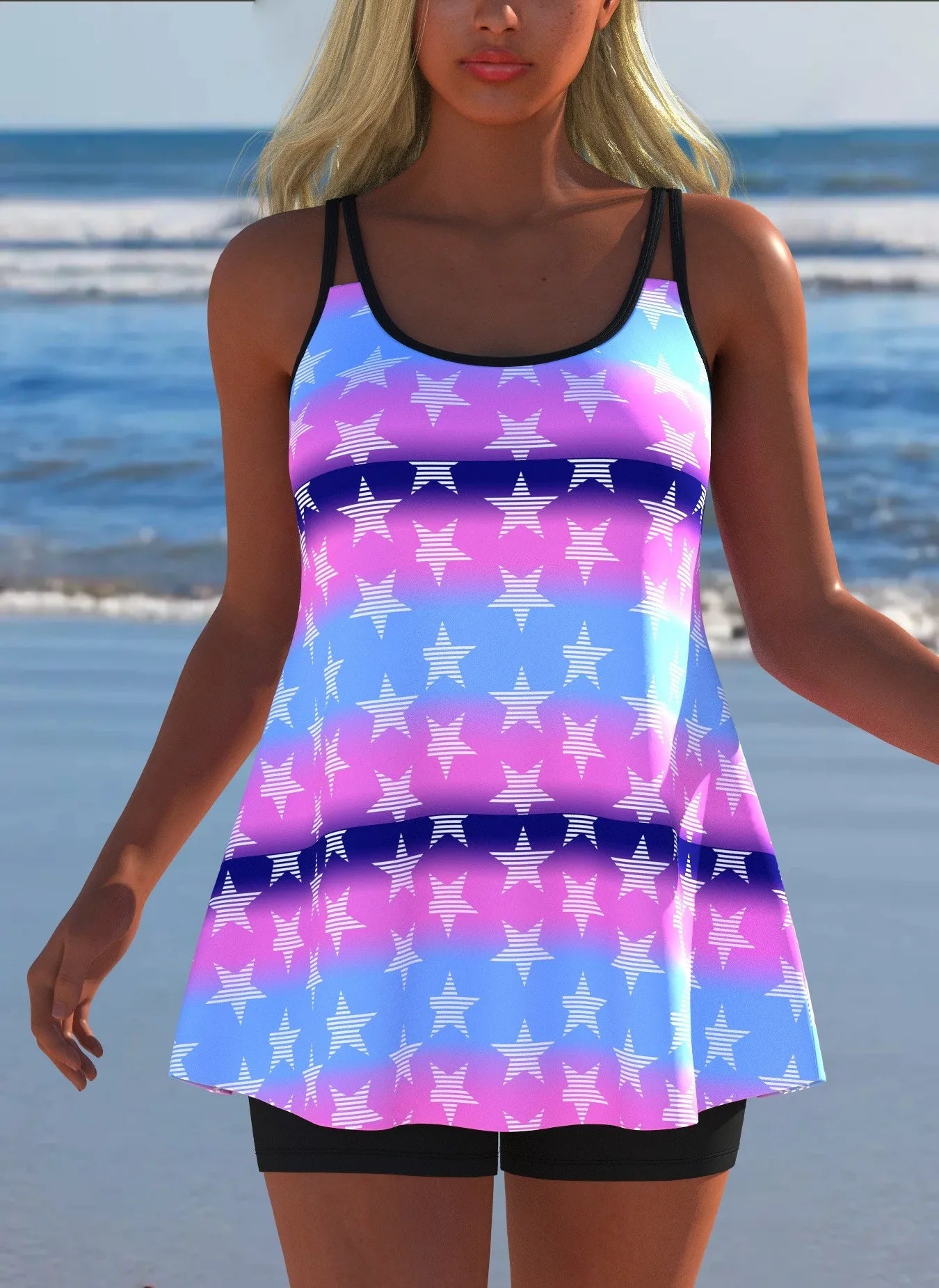 Black White Print Tankini Sleeveless Flared Hem Tankini Top High Stretch Swim Tank Gradient Adjustable Straps Two Piece Swim Top Rumanglobalcraft