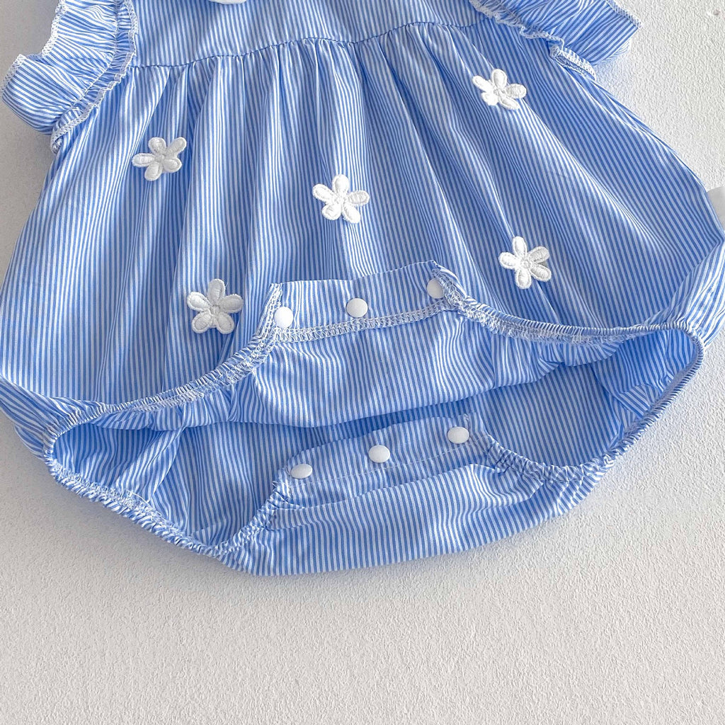 Cotton A-Class Sleeveless Blue and White Striped Fresh Baby Romper for Girls, Sweet Turn-Down Collar Bodysuit Summer Clothing eprolo