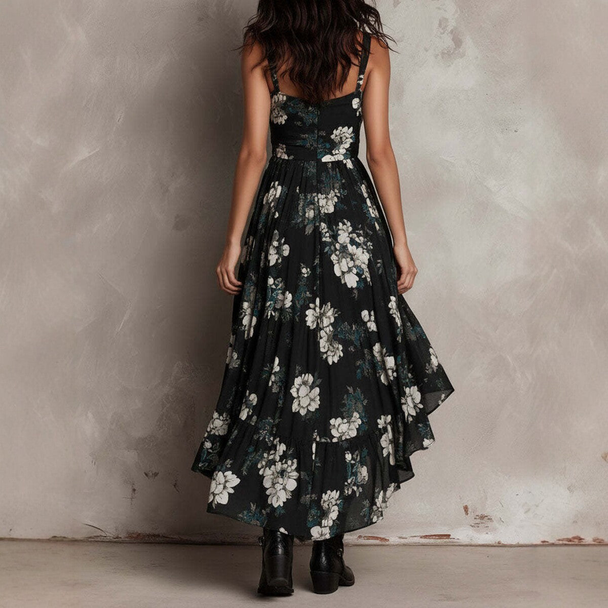 New style printed camisole dress for women, V-neck, waist cinched, high slit long skirt, fashionable vacation dress eprolo