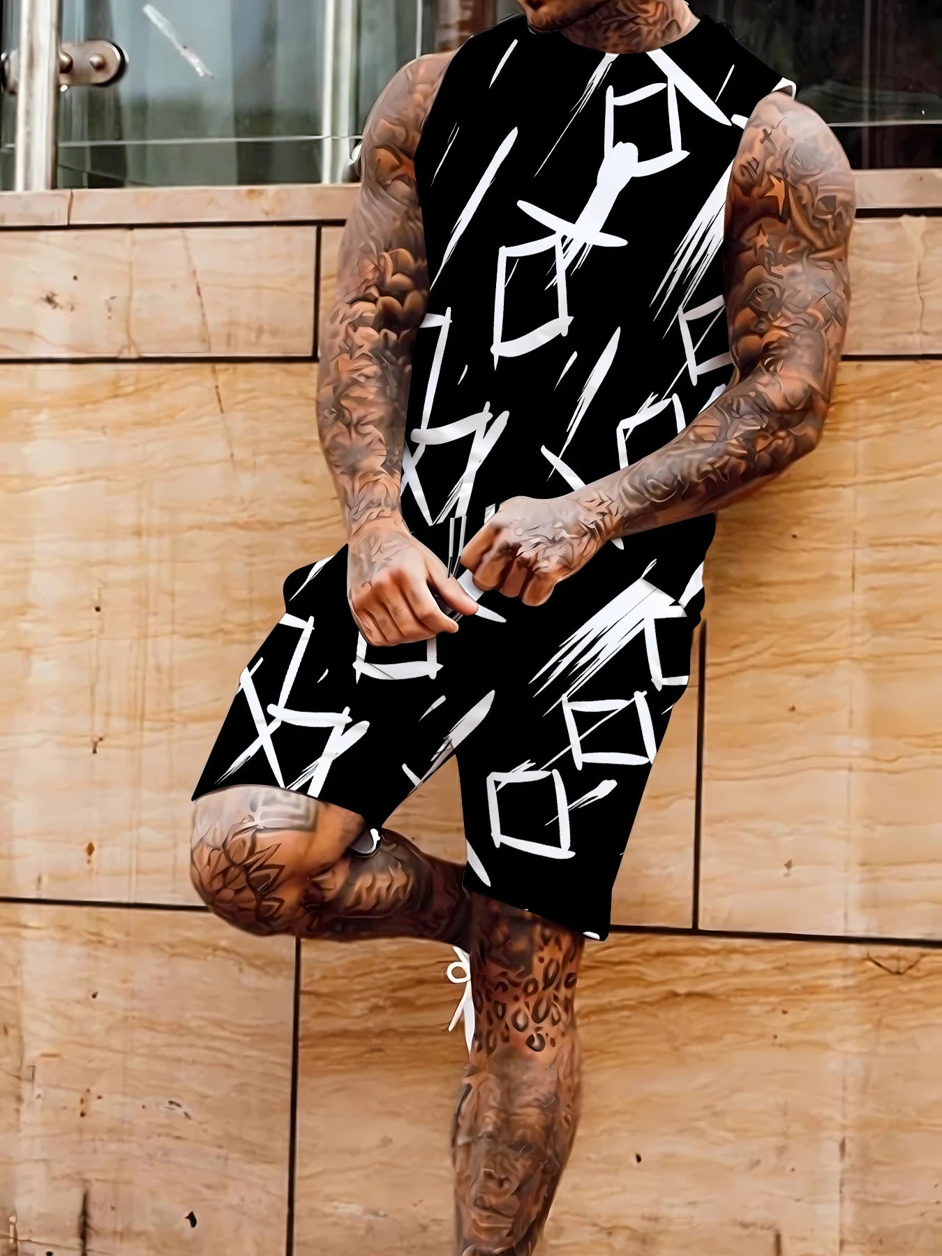 Men's Compression Tank Top and Shorts Set Elastic Polyester Gym Wear Bodybuilding Clothing Standard Fit Rumanglobalcraft